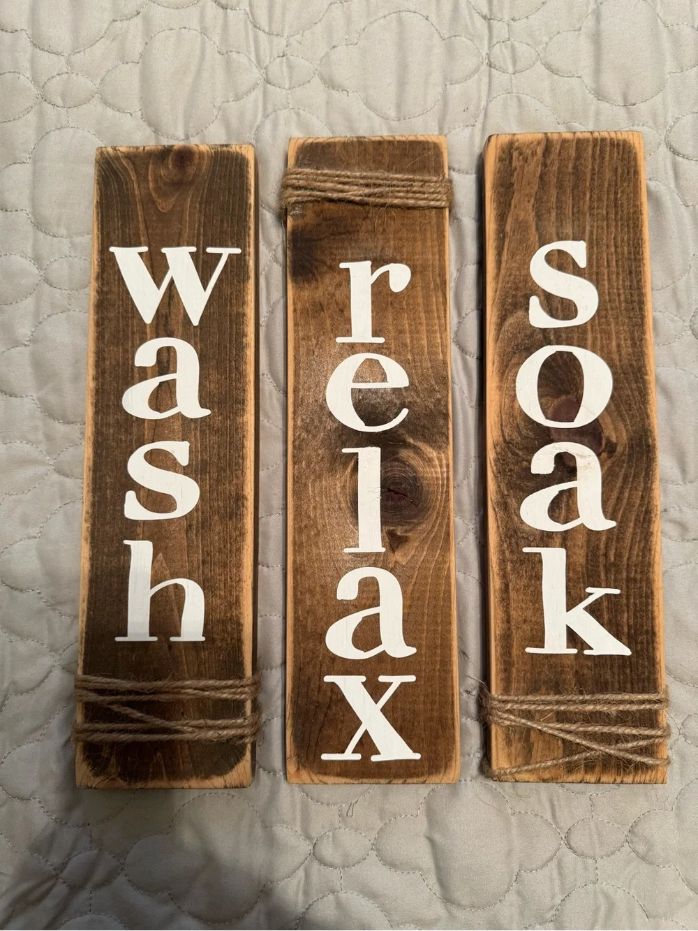 Wooden Bathroom Sign Set - Soak Relax Wash - Rustic Brown